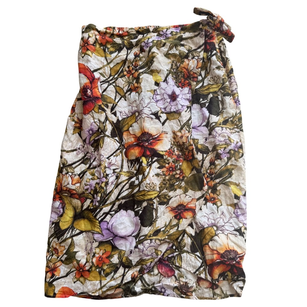 Chicos Floral Linen faux Wrap Midi Skirt Sz 1 luxury chic Garden Party Botanical - Picture 10 of 10